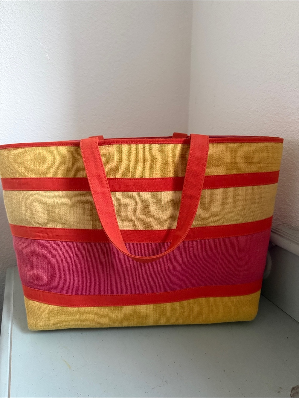 Amanda Smith Yellow and Pink Striped Tote with Coral Handles